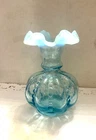 Fenton Opalescent Transparent Ice Blue Ruffled Beaded Melon Vase 5.75" Vintage