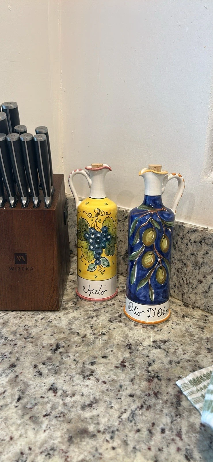 Italian Ceramic Pottery Oil and Vinegar Bottles Hand Painted and Signed Set of 2