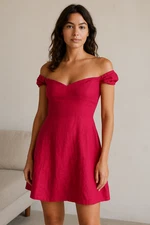 Reformation Gavina Linen Dress Womens 0 Hot Pink Off-Shoulder Mini Party Resort