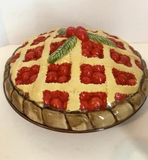 VTG Hand Painted Covered 12" Stoneware Ceramic Cherry Pie Plate Keeper Portugal