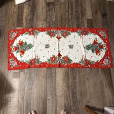 Vintage Mid Century Christmas Table Runner 15x38 Poinsettia Holly Bells Set Of 2
