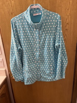 Quacker Factory Turquoise White Polka Dot Button Up Pocketed Knit Jacket XL 16