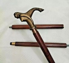 Antique Brass Victorian Mermaid Handle Wooden Walking Stick Cane 36" Foldable