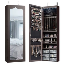 Wall Door Mounted LED Mirror Jewelry Cabinet Armoire Organizer w/6 Drawers Brown