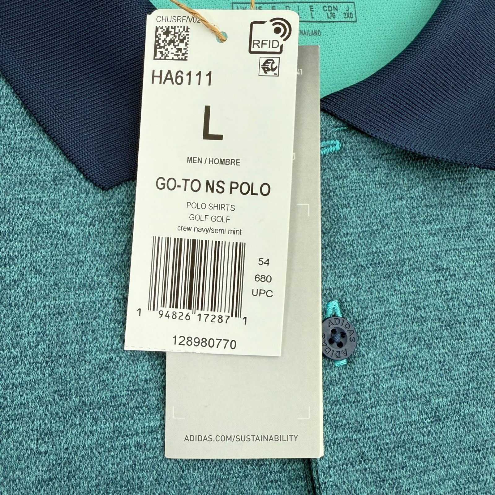 Adidas Polo Shirt Mens Large Go-To NS Golf Crew Navy Semi Mint Golf Stretch NEW thumbnail 3