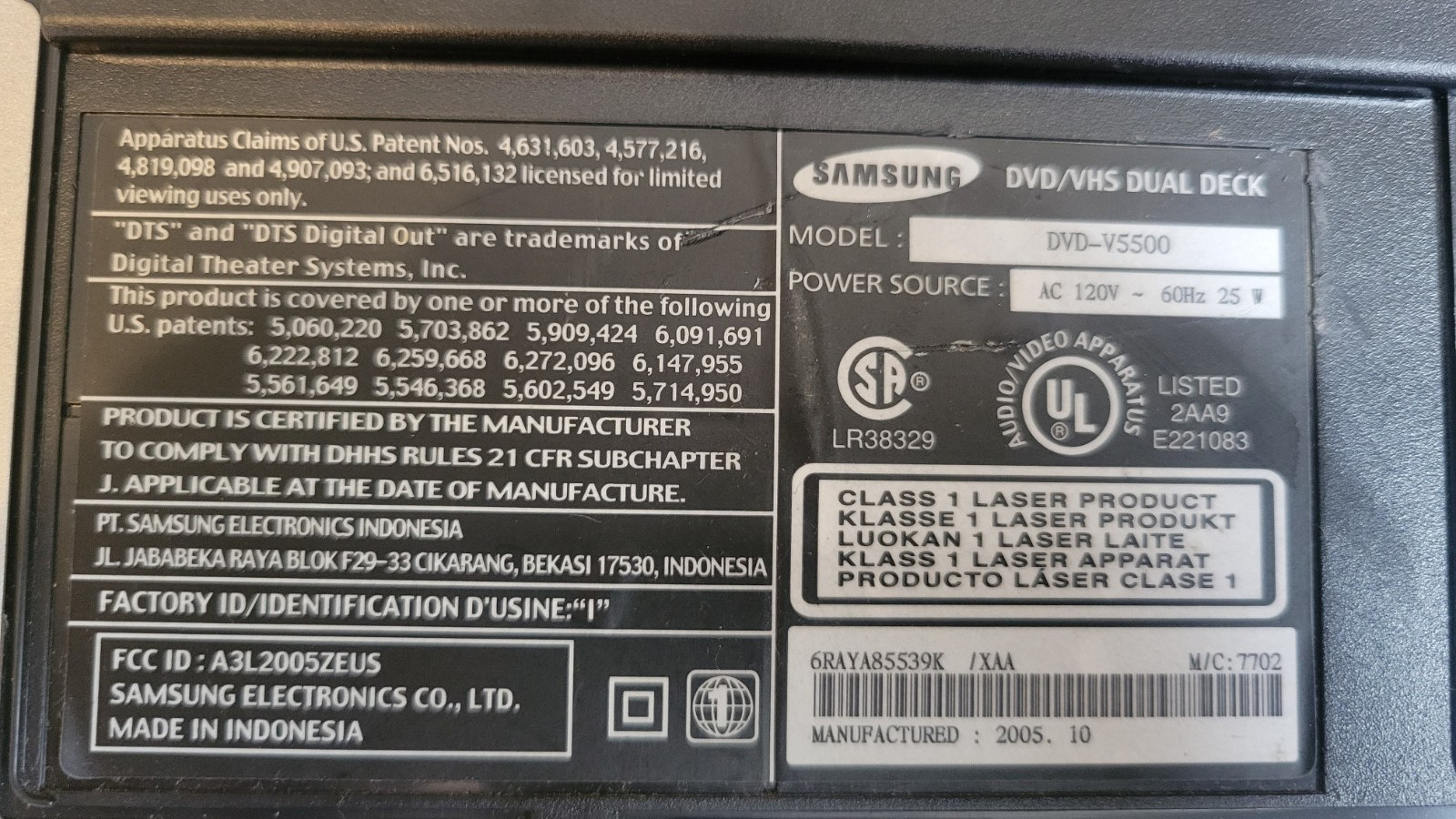 Samsung DVD-V5500 DVD VCR Combo 4-Head HiFi VHS Recorder Player W/Remote Tested