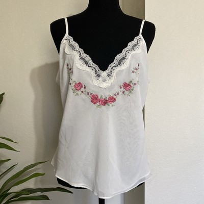 California Dynasty Vtg Camisole Tank Top Sz L Sheer Ivory Lace Floral Romantic
