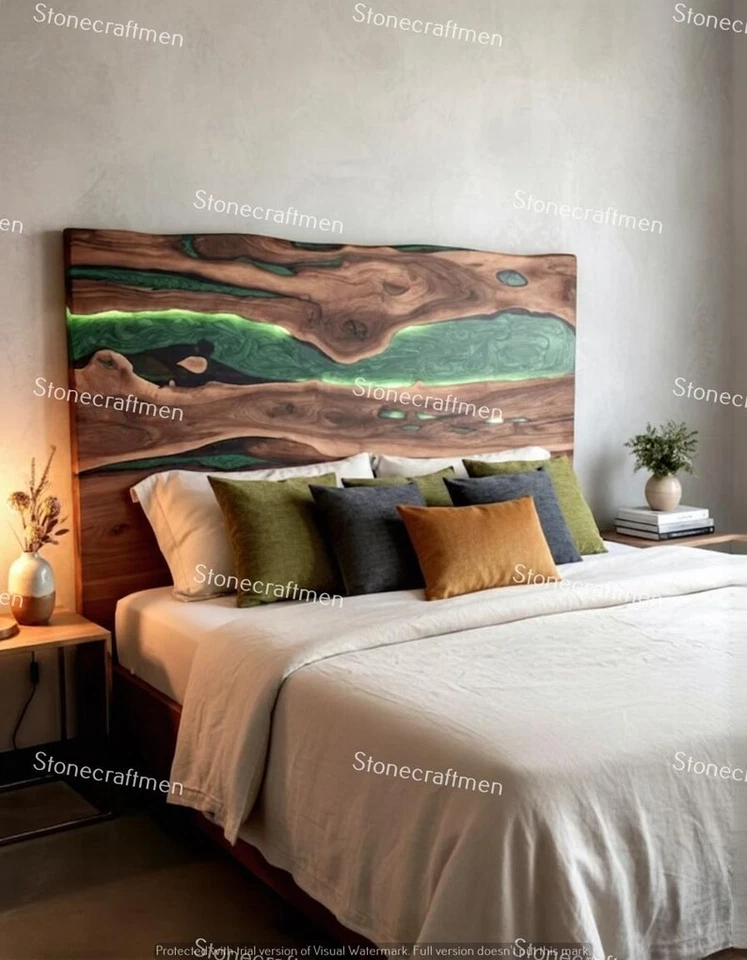 Live Edge Walnut Headboard | Green Epoxy, LED Backlit Bedroom Decor - Image 4 of 4