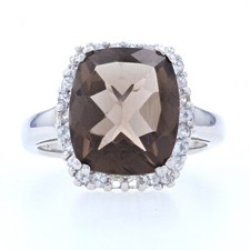 Silver Smoky Quartz Cubic Zirconia Halo Ring -925 Cushion 7.75ctw Size 8 1/2