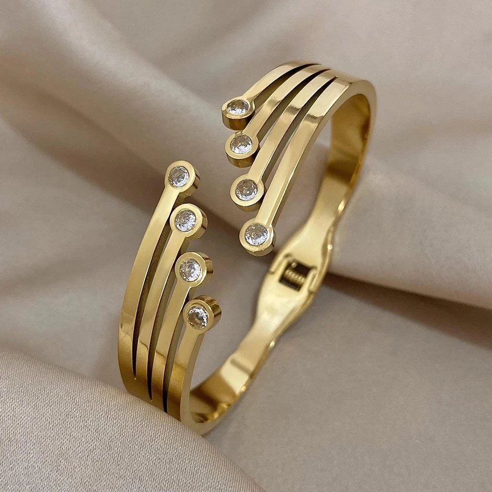 Damen Armband Edelstahl Gold Geometrisch Strass Chunky Charm Schmuck - Bild 4 von 4