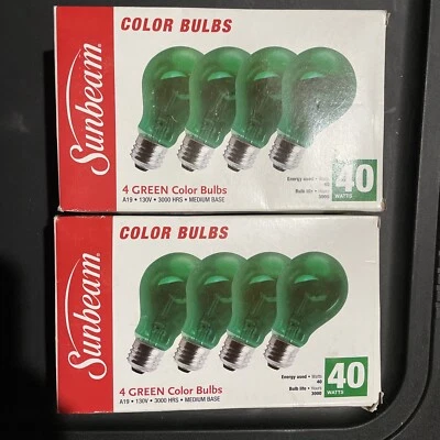 Sunbeam A-19 4 Pack 40 Watt Green Color Bulbs 3000 Hours (2 Packs Of 4 =8 Total) - Image 1 of 4