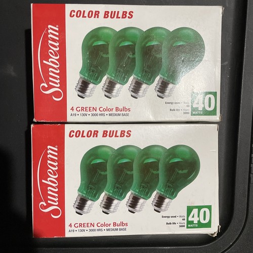 Sunbeam A-19 4 Pack 40 Watt Green Color Bulbs 3000 Hours (2 Packs Of 4 =8 Total) - Picture 1 of 6