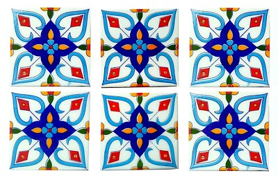 Blue Pottery Floral Decorative Mosaic Wall Tiles 4 x 4 Inch Set of 6 Tiles