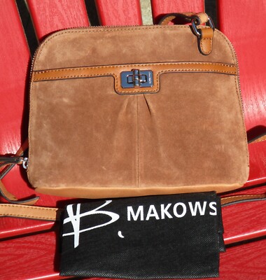 B Makowsky New Light Brown Turnlock Suede Crossbody Shoulder Bag Purse