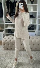 Womens 3 Piece SUIT Roll Neck Chunky Knitted Tracksuit Ladies Rib LoungeWear Set