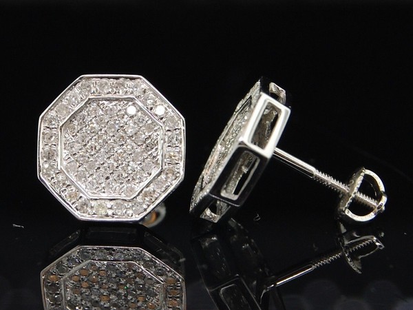 Diamant Oktagon Design Nieten Herren 10K WeißGold Rund Pave Ohrringe 0.65 TCW-image