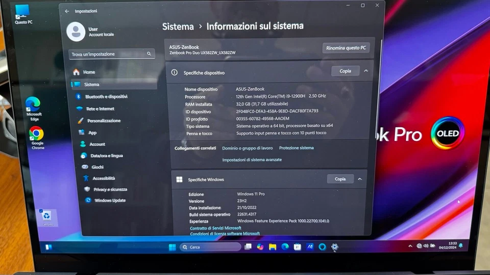 ASUS ZENBOOK PRO DUO UX582ZW, Dual Screen OLED, i9 12th, 32 GB Ram, SSD 1 TB  - Immagine 4 di 4