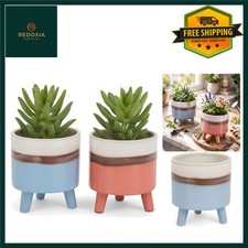 Chic Blue Pink Ceramic Planters with Legs - Decorative Indoor Pot Set of 2
