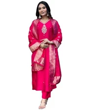 GoSriKi Women's Silk Blend Straight Embroidered Kurta with Pant & Dupatta (Pr...