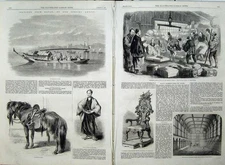 Old Antique Print 1861 Japan Horse Government Boat Custom House Swimming 19th