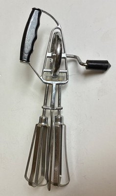 Egg Beater Hand Held Crank Mixer Stainless Steel Black Side Handle Vintage