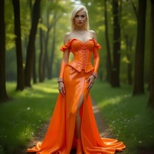 Shiny Orange PU Corset Vintage Prom Dress Off-Shoulder Long Sleeves Side Slit