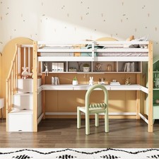 3ft Single Loft Bed with Built-in Desk & Shelves and Storage Stairs, Pine Wood