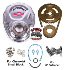Small Block Chevy double roller timing chain chrome cover with tab bolts gasket