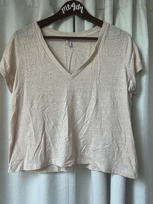 Victoria Secret Very Pale Pink Large Boxy Cropped V Neck Top Gold Shimmer Thread