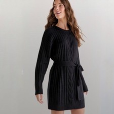 Francesca’s Diane Black Cable-Knit Sweater Dress with Tie Belt NWT, Women's S