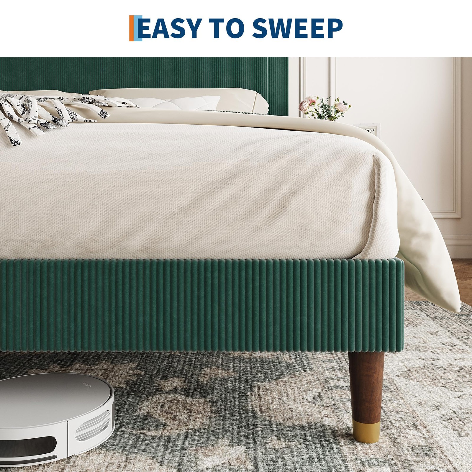 Twin Bed Frame w/Upholstered Headboard Wooden Slats Corduroy Fabric Platform Bed