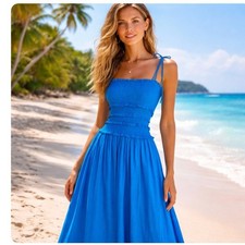 J. CREW Smocked Blue Shoulder Tie Maxi Blue Dress size 2X