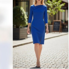 NWOT Calvin Klein Women's Foldover-Neck Front-Slit Sheath Dress Blue SZ-2