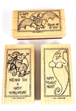 2001 Stampin' Up Halloween Bat Witch Ghost Wood Mount Rubber Stamp Set 3pc