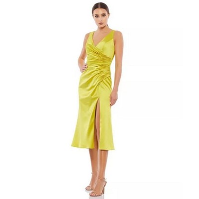 Mac Duggal Leena Satin Ruched V Neck Faux Wrap Midi Dress Womens Size 2