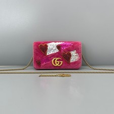 Gucci GG Marmont Pink Hot Pink Small Velvet Crossbody Chain Wallet