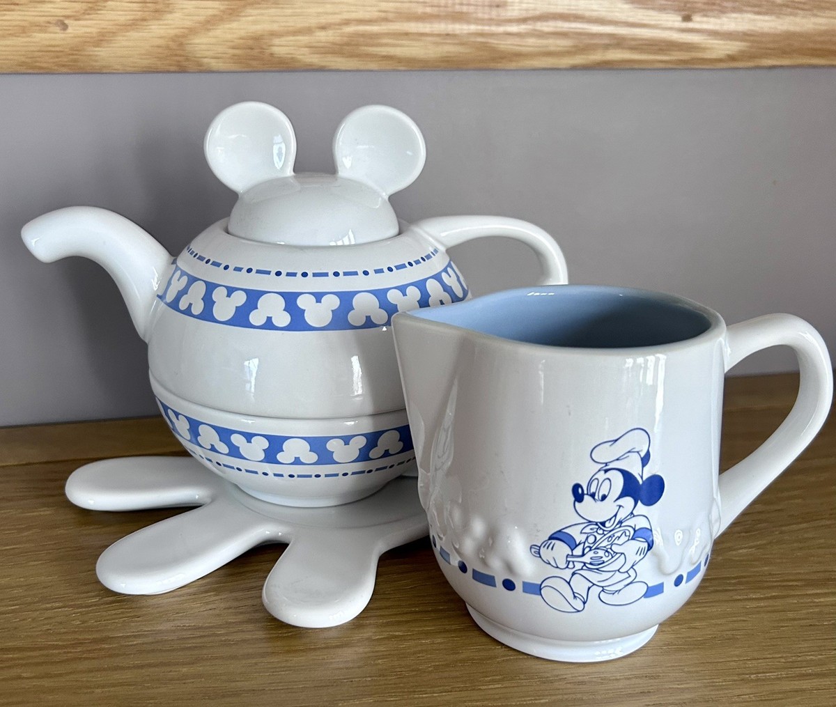 ミッキーマウス ティーポット VTG Disney Mickey Mouse Ceramic 4pc Teapot Cup Set + Creamer Blue