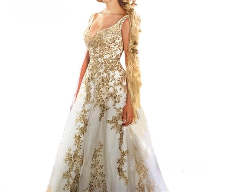 Vintage A-Line Wedding Dresses V-Neck Sleeveless Gold Lace Applique Bridal Gowns - Image 2 of 4