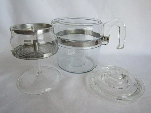 Vintage Glass Pyrex 7756-B Coffee Pot With Insert Stem Basket Strainers Lid