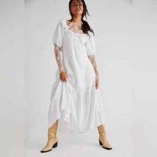 S Free People Kaylyn Puff Sleeve Ruffle Midi Dress, White, Large, RRP $128