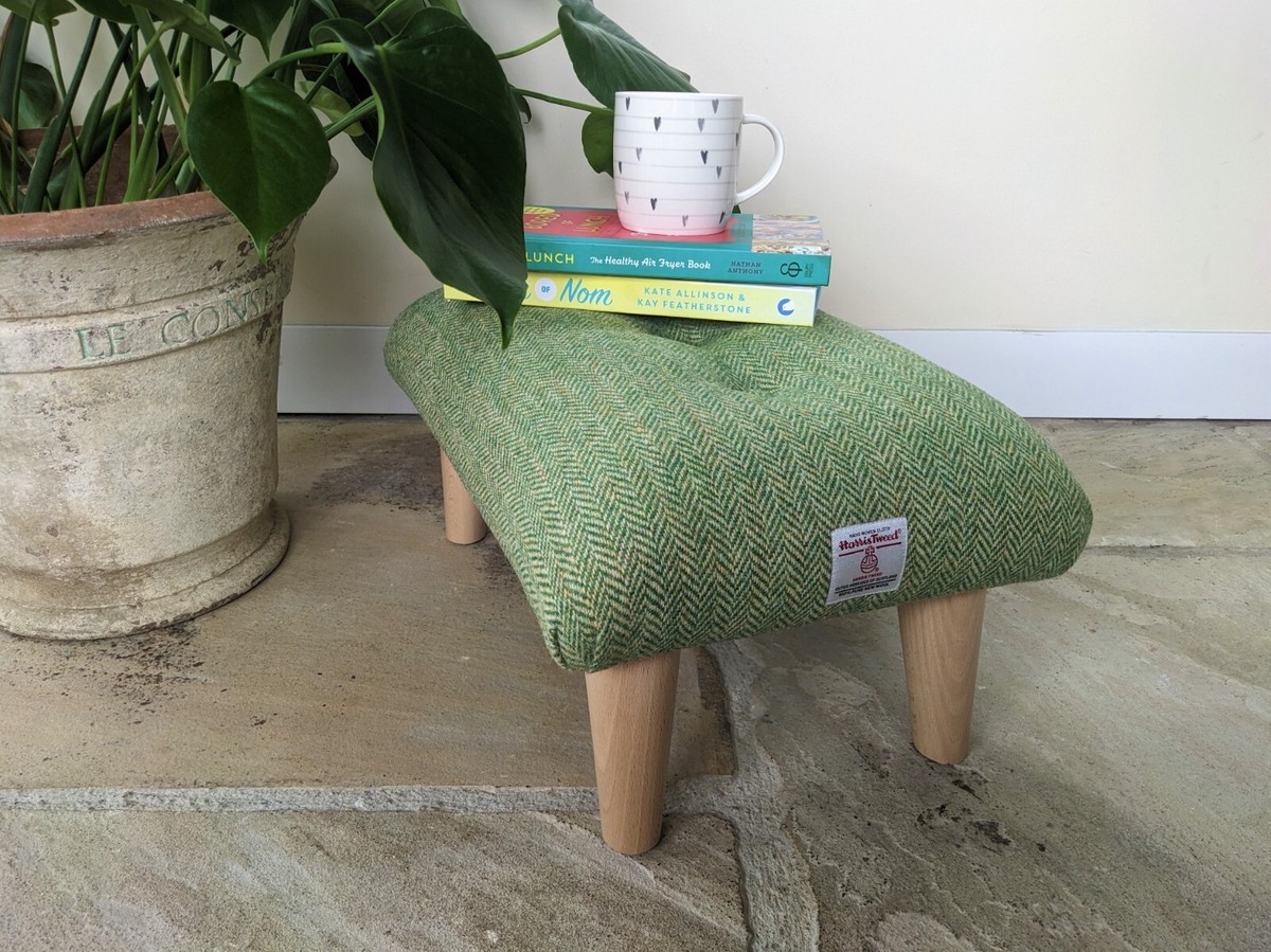 Green Harris Tweed footstool, green herringbone tweed foot rest