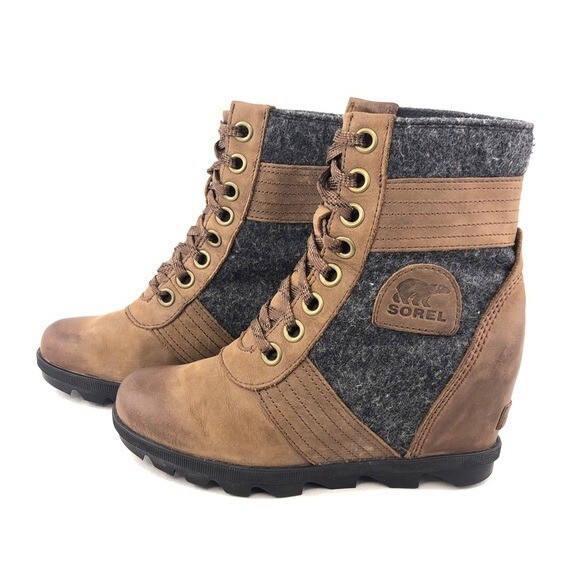 sorel lexie wedge tobacco Sorel Lexie Felt Pieced Wedge Ankle Boots Womens Size 6.5 Tobacco Brown  Leather