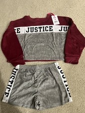 NWT 3-Piece JUSTICE Girls S 7-8Pajama Set, Burgundy Fleece Shirt, Pants, Shorts
