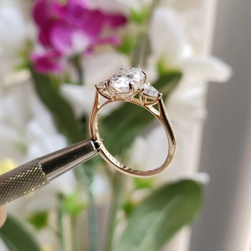 1.90 Ct Oval & Pear Cut IGI Lab Grown Diamond 14k Yellow Gold Three Stone Ring - Picture 4 of 23