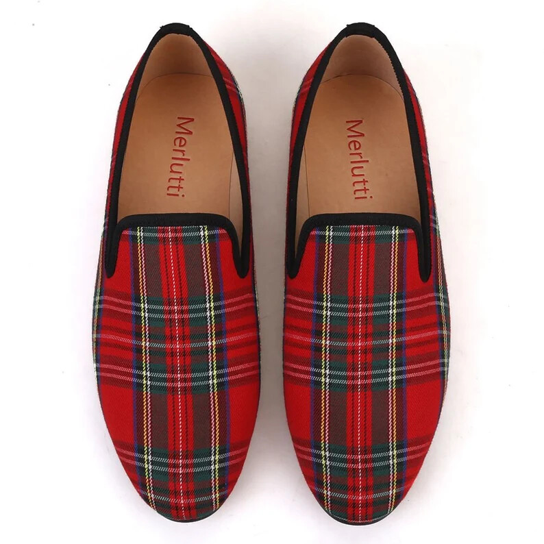 Davucci Tartan Plaid Slip-Ons size 11 Buy Merlutti Tartan Plaid Red Fabric Smoking Slippers Men main image 3