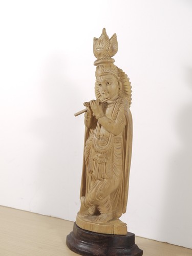 Vintage Hindu Lord Krishna Hand Carved Wooden Statue 23 cm Tall VGC - Foto 3 di 8