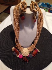 13" Handmade Wood Beaded Earring/Necklace Set