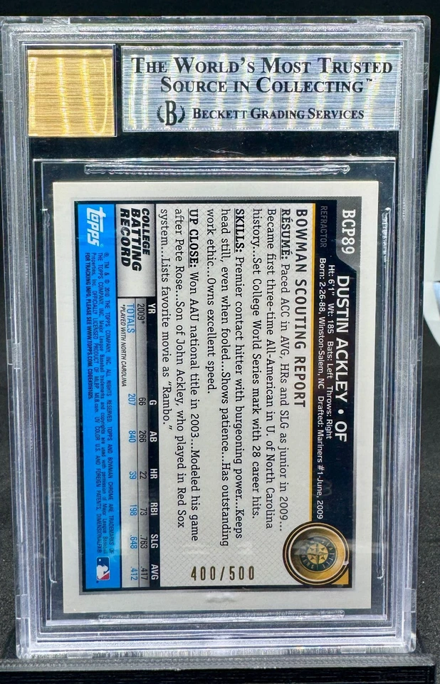 Dustin Ackley AUTO #/500 ~ 2010 Bowman Chrome Prospects #BCP89 Refractor - Image 2 of 2