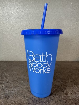 Bath & Body Works Blue Plastic Cup with Straw Branded 16oz Tumbler 