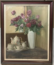 Original OSKAR HELLER "Still Life of ROSES & LIMOGES TEA SET' Painting - MUSEUM